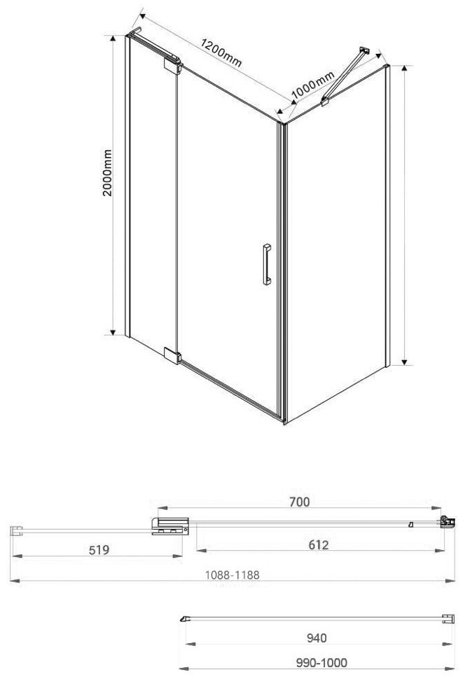 Душевое ограждение KABINKA.KZ двухстенное VSR-1E111210CL, 1100х2000 мм купить,NaN