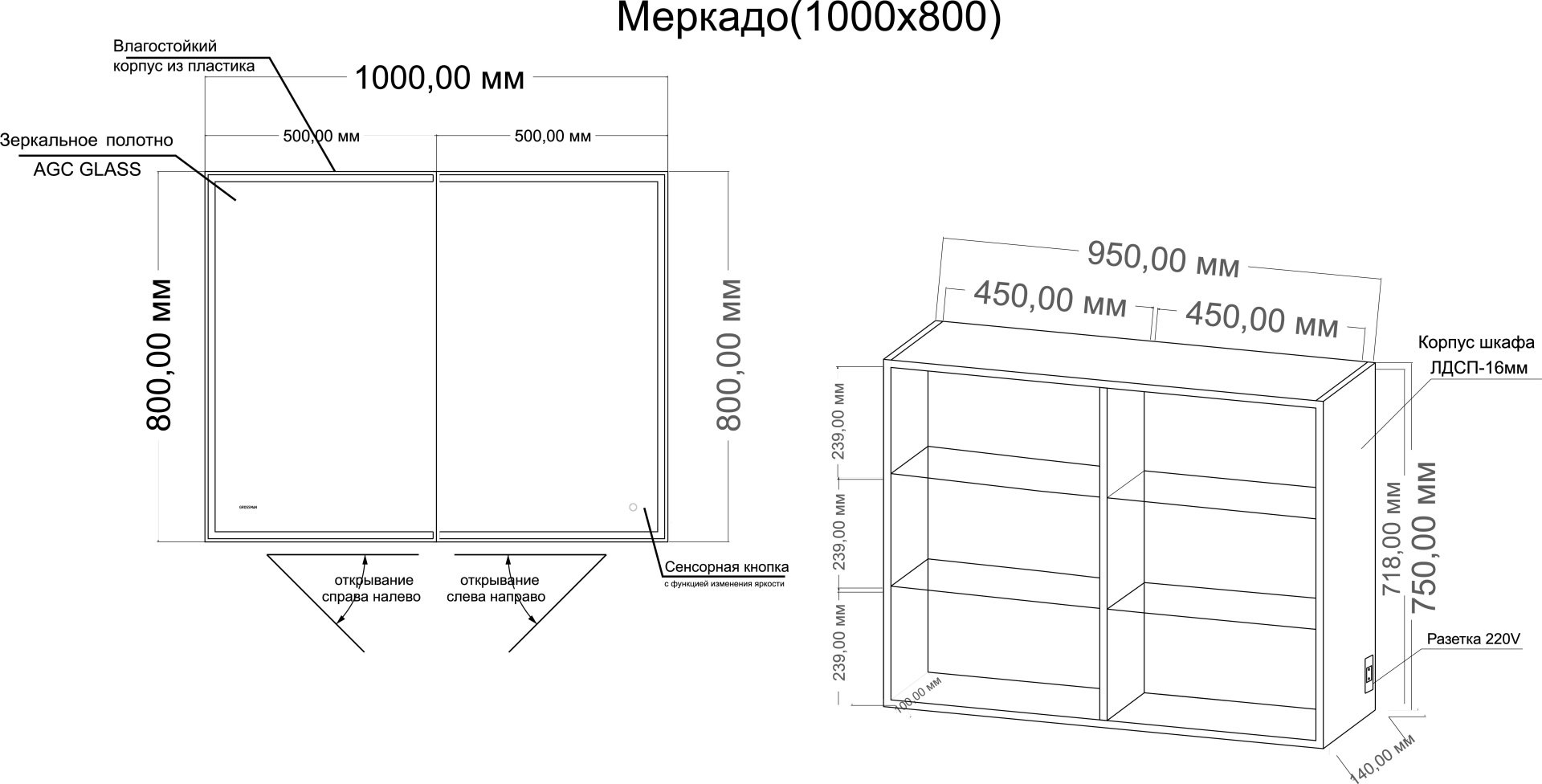 Шкаф зеркальный навесной Grossman 201002, 100x14x80 см, белый