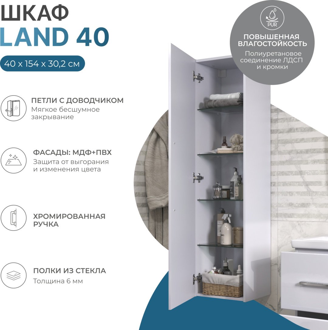 Шкаф-пенал навесной KABINKA.KZ Land, 40x30.2x151 см, белый