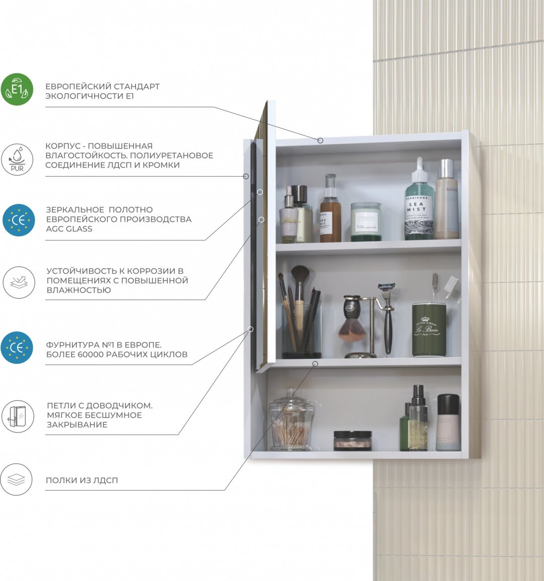 Шкаф зеркальный навесной KABINKA.KZ Urban 500 VIGO, 50x15.4x70 см, белый