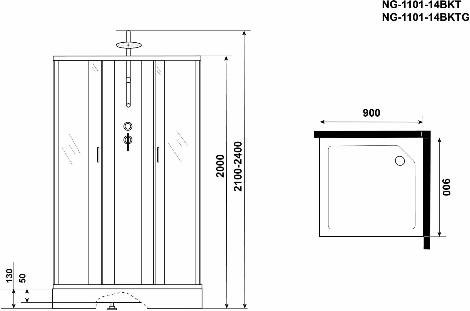 Душевая кабина Niagara NG-1101-14BKTG (210 см х 90 см), низкий поддон