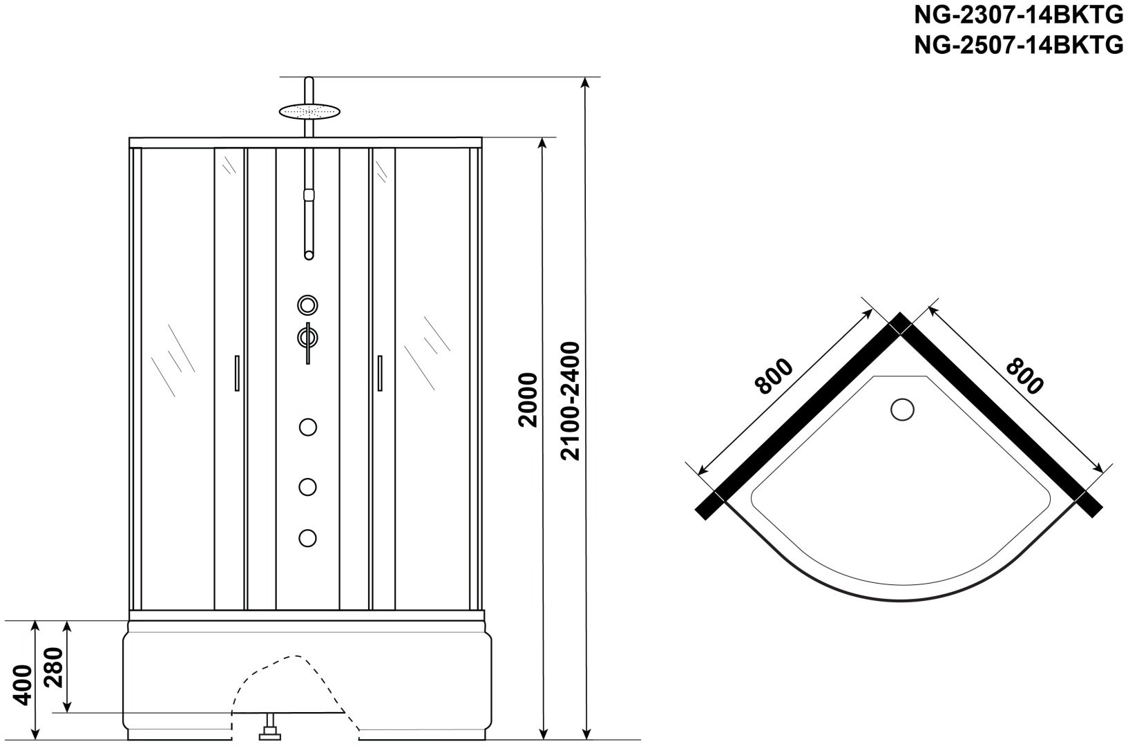 Душевая кабина Niagara NG-2507-14BKTG (210 см х 80 см), высокий поддон купить,0
