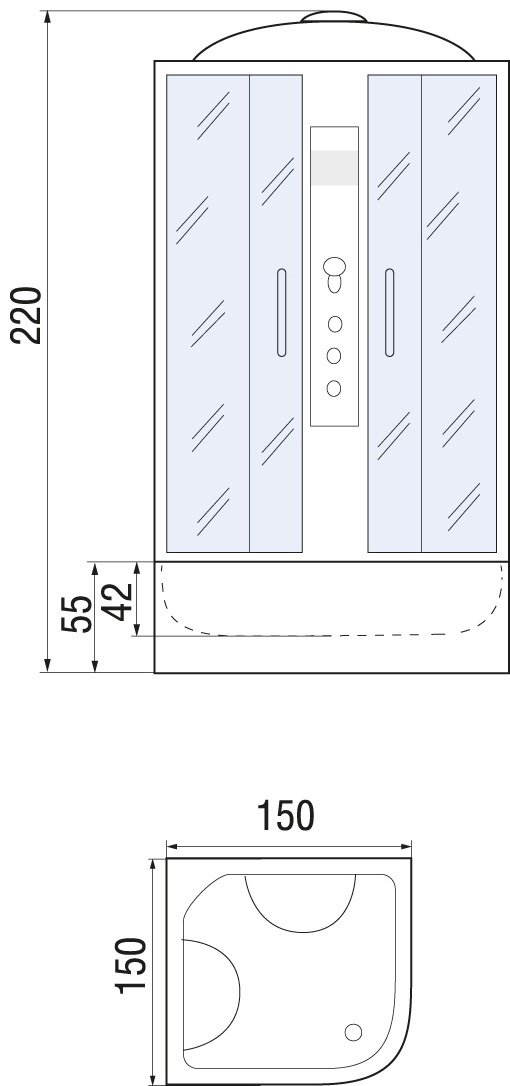 Душевая кабина KABINKA.KZ TEMZA 150/150/55 MT (220 см х 150 см), высокий поддон