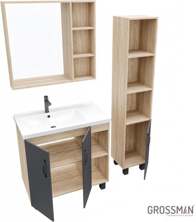 Тумба с раковиной Grossman ФЛАЙ 80, 76x68x40 см, коричневый, темно-серый