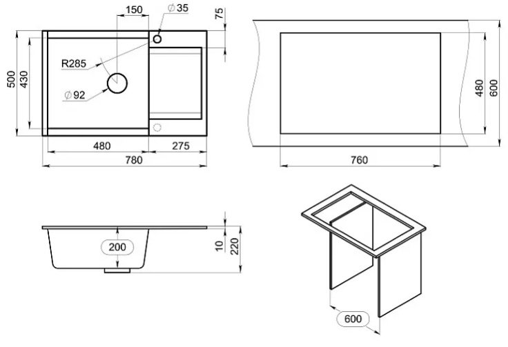 Кухонная мойка GRANULA ES-7807, АЛЮМИНИУМ АЛЮМИНИУМ врезная 78х50х20 см, кварцевый песок