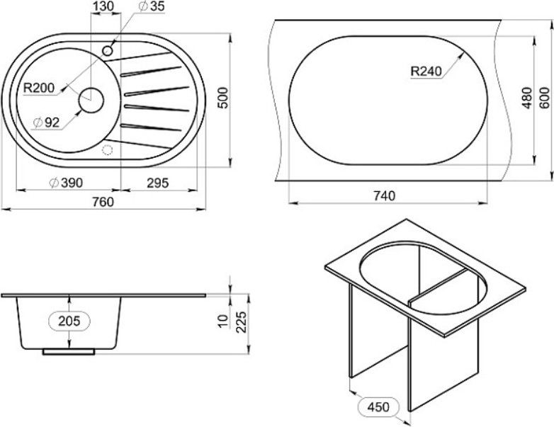 Кухонная мойка GRANULA 7601, ГРАФИТ Графит врезная 76х50х21 см, кварцевый песок купить,NaN