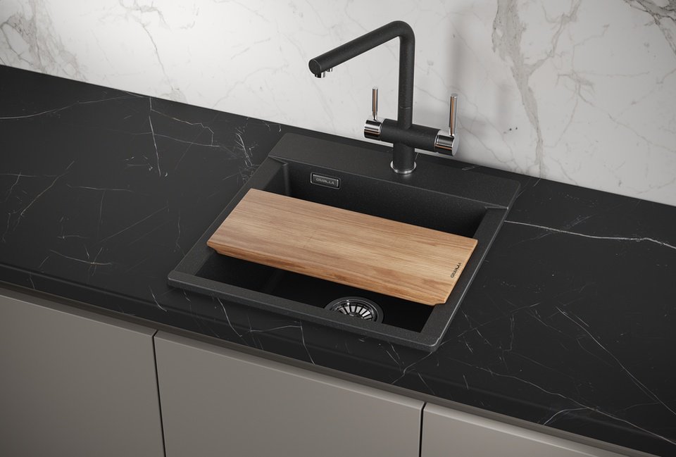 Кухонная мойка GRANULA ESTETICA ES-4701 накладная 47х50х22 см, кварцевый песок, тон черный купить,0
