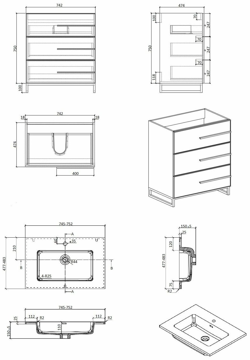 Тумба с раковиной Bella-T75, 75x77.5x48 см, белый