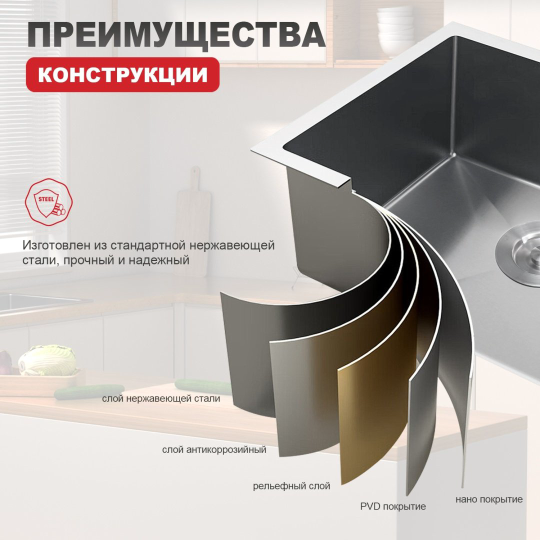 Кухонная мойка Raglo R703.5044.05 врезная 50х44х21 см, нержавеющая сталь, тон сатин купить,NaN