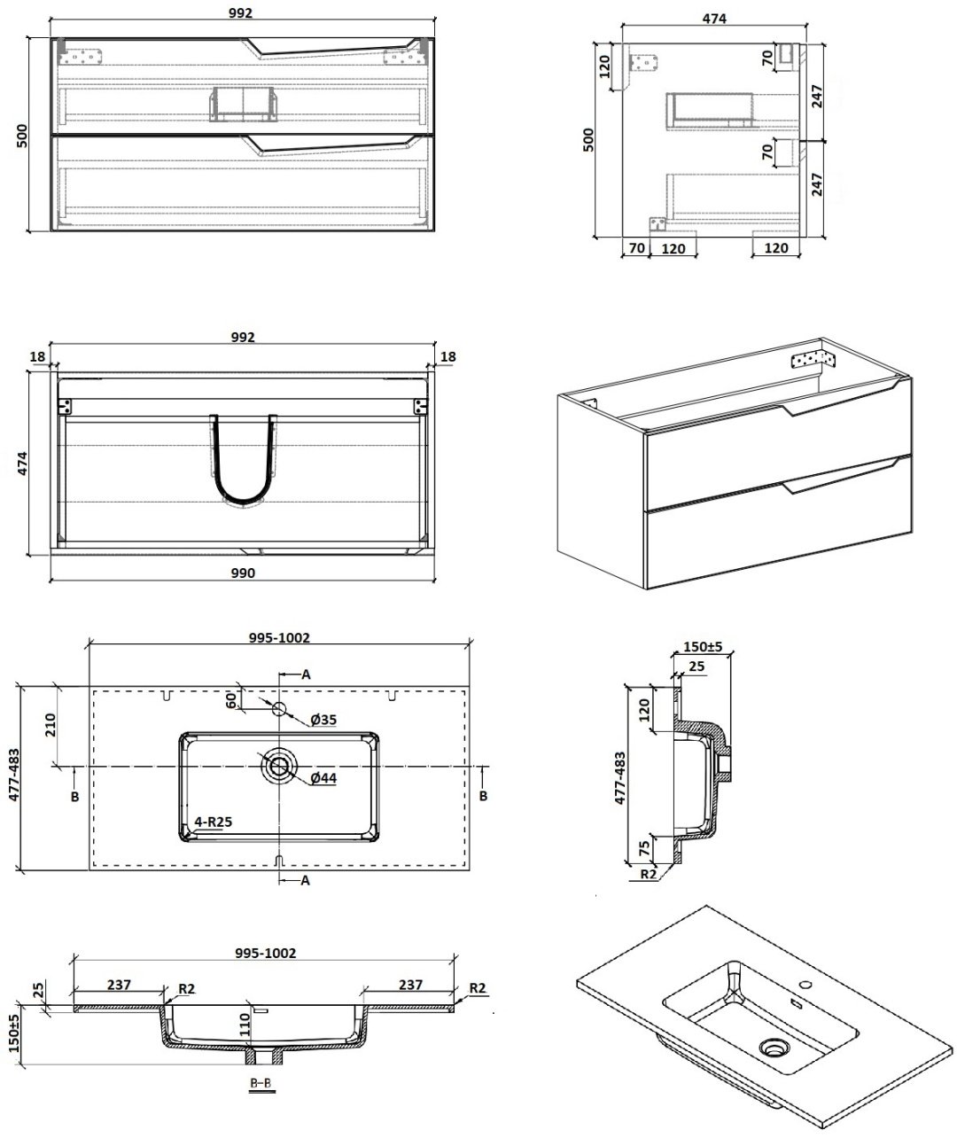 Тумба с раковиной Rhea100, 100x50x48 см, черный