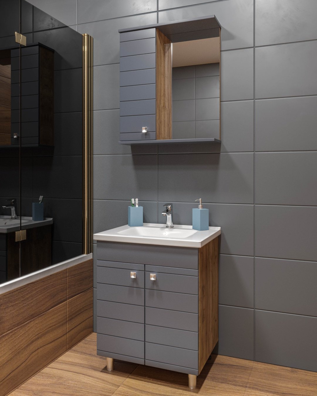 Тумба с раковиной AVK, Лира, 2 Двери, 60x70x45 см, серый, коричневый