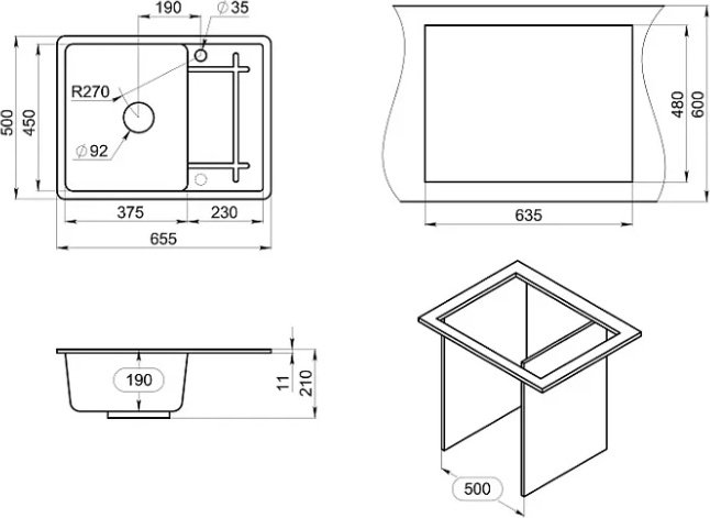 Кухонная мойка GRANULA 6501 врезная 65.5х50х19 см, кварцевый песок