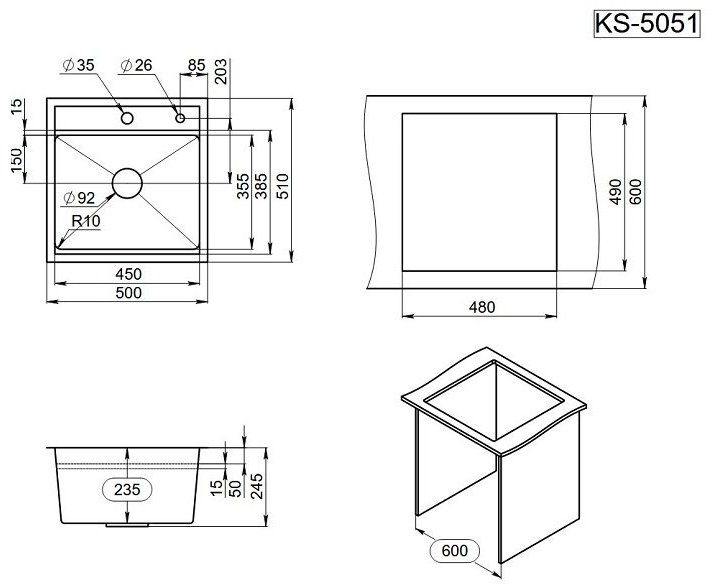 Кухонная мойка GRANULA KITCHEN SPACE KS-5051 врезная 50х51х23.5 см, нержавеющая сталь