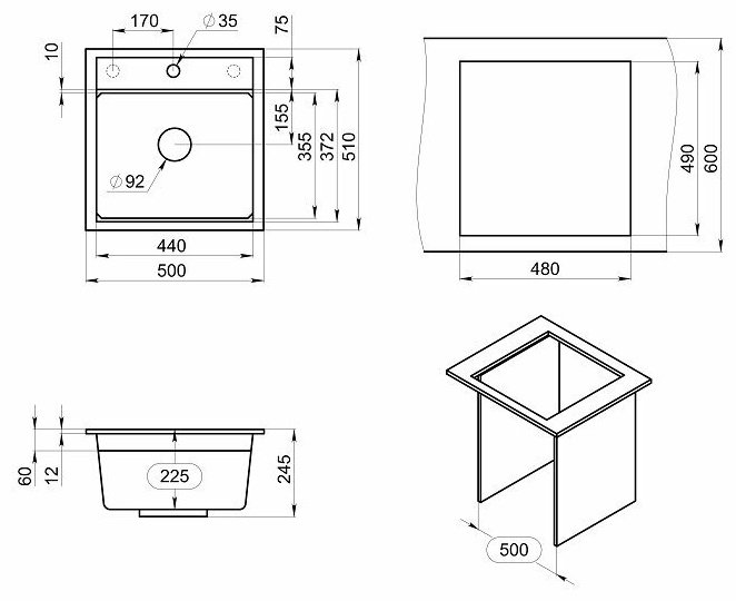 Кухонная мойка GRANULA KS-5002 врезная 50х51х22.5 см, кварцевый песок купить,0
