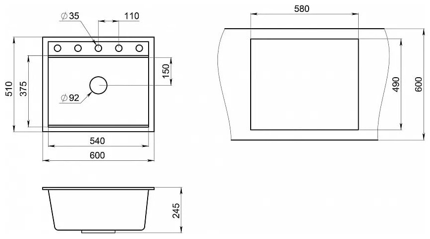 Кухонная мойка GRANULA KS-6003 врезная 60х51х23 см, кварцевый песок, тон турмалин