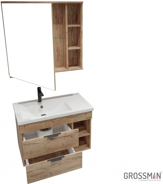 Комплект для ванной Grossman ФОРТА 80 (тумба под раковину, зеркало, раковина) коричневый