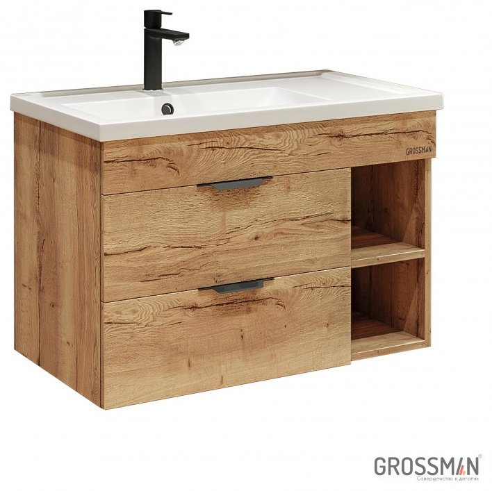 Комплект для ванной Grossman ФОРТА 80 (тумба под раковину, зеркало, раковина) коричневый