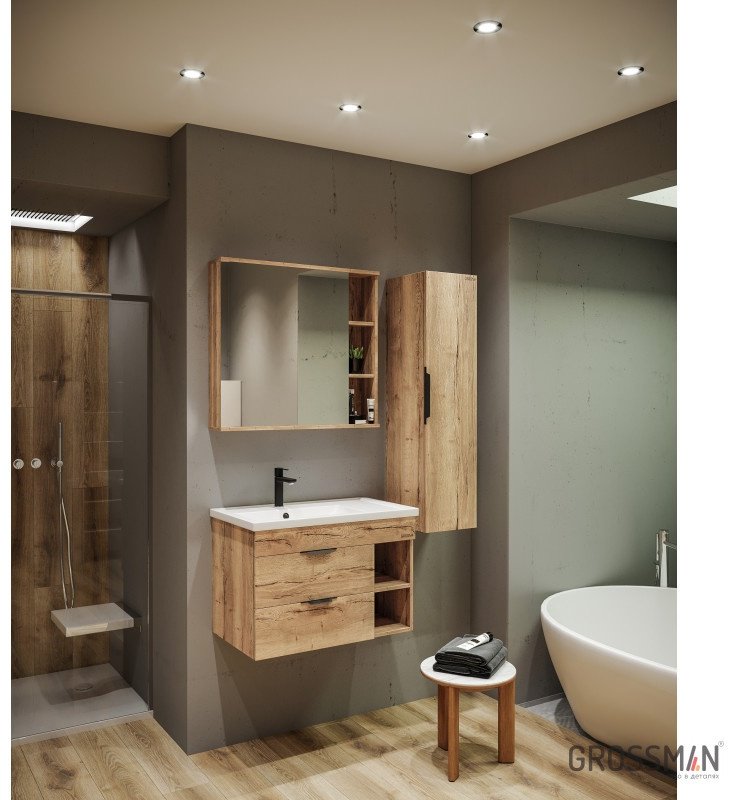 Комплект для ванной Grossman ФОРТА 80 (тумба под раковину, зеркало, раковина) коричневый