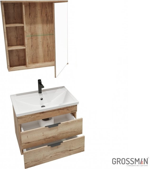 Комплект для ванной Grossman ФОРТА 70 (тумба под раковину, зеркало, раковина) коричневый