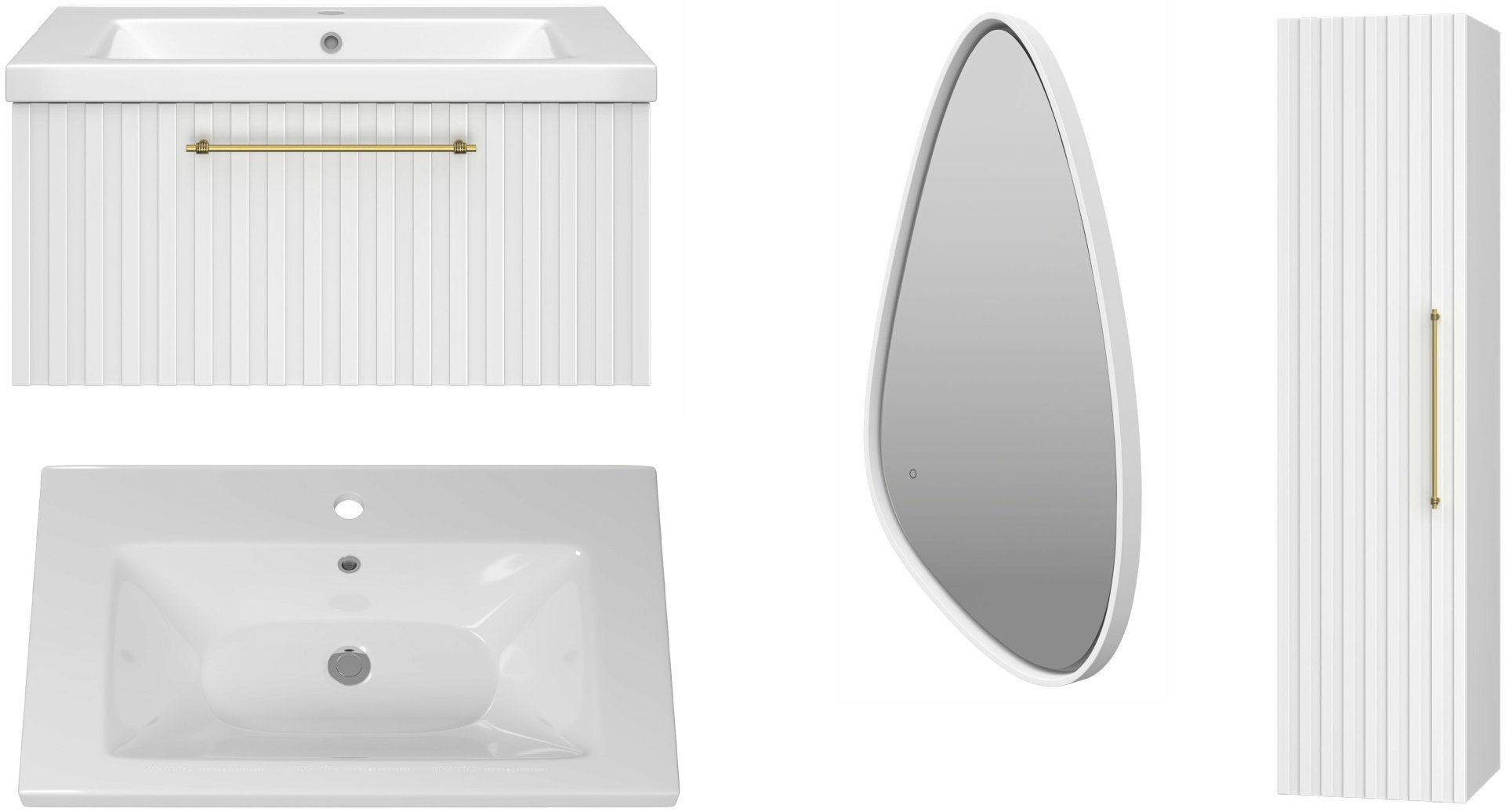 Комплект для ванной Brevita Alicante (шкаф-пенал, тумба под раковину, зеркало, раковина) белый