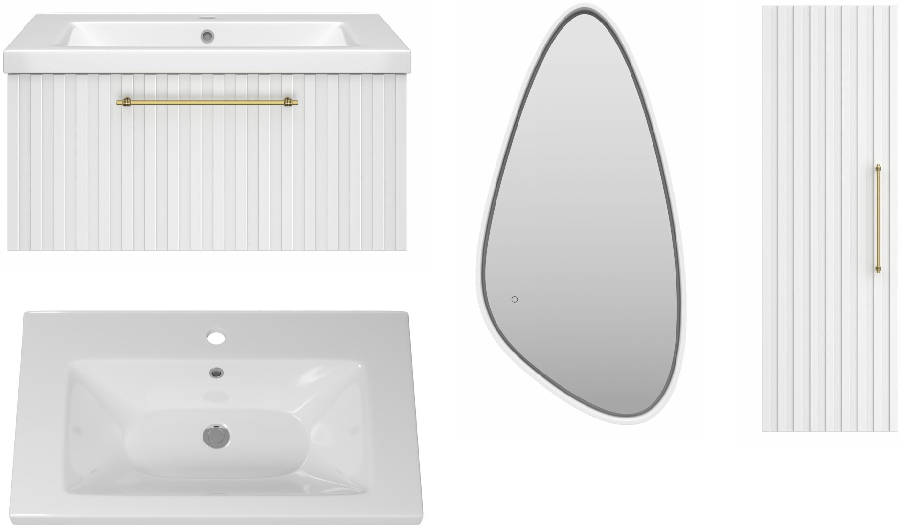 Комплект для ванной Brevita Alicante (шкаф-пенал, тумба под раковину, зеркало, раковина) белый