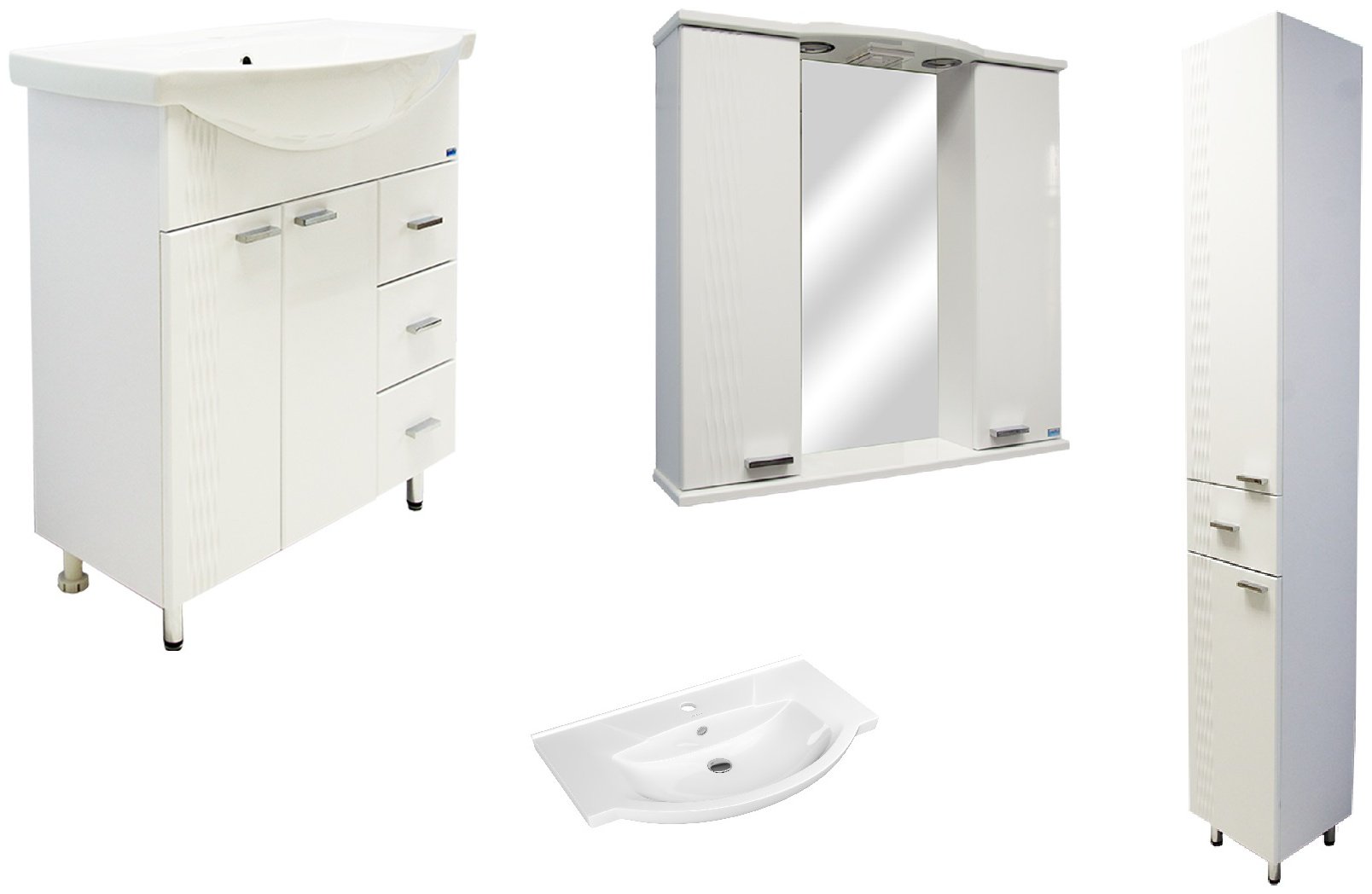 Комплект для ванной Lindis Оптима (шкаф, шкаф-пенал, тумба под раковину, раковина) белый