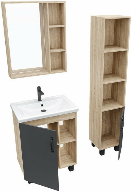 Комплект для ванной Grossman ФЛАЙ (шкаф-пенал, тумба под раковину, зеркало, раковина) коричневый, графит