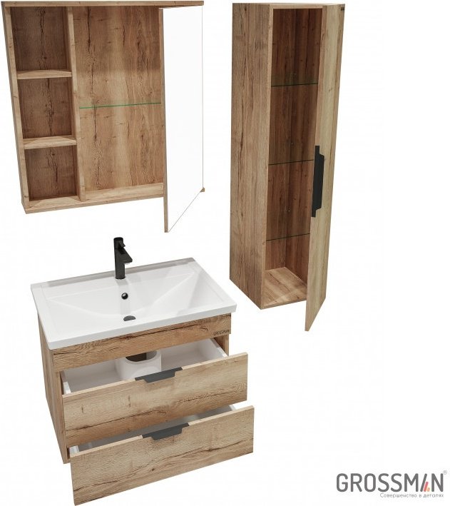 Комплект для ванной Grossman ФОРТА 70 (шкаф-пенал, тумба под раковину, зеркало, раковина) коричневый