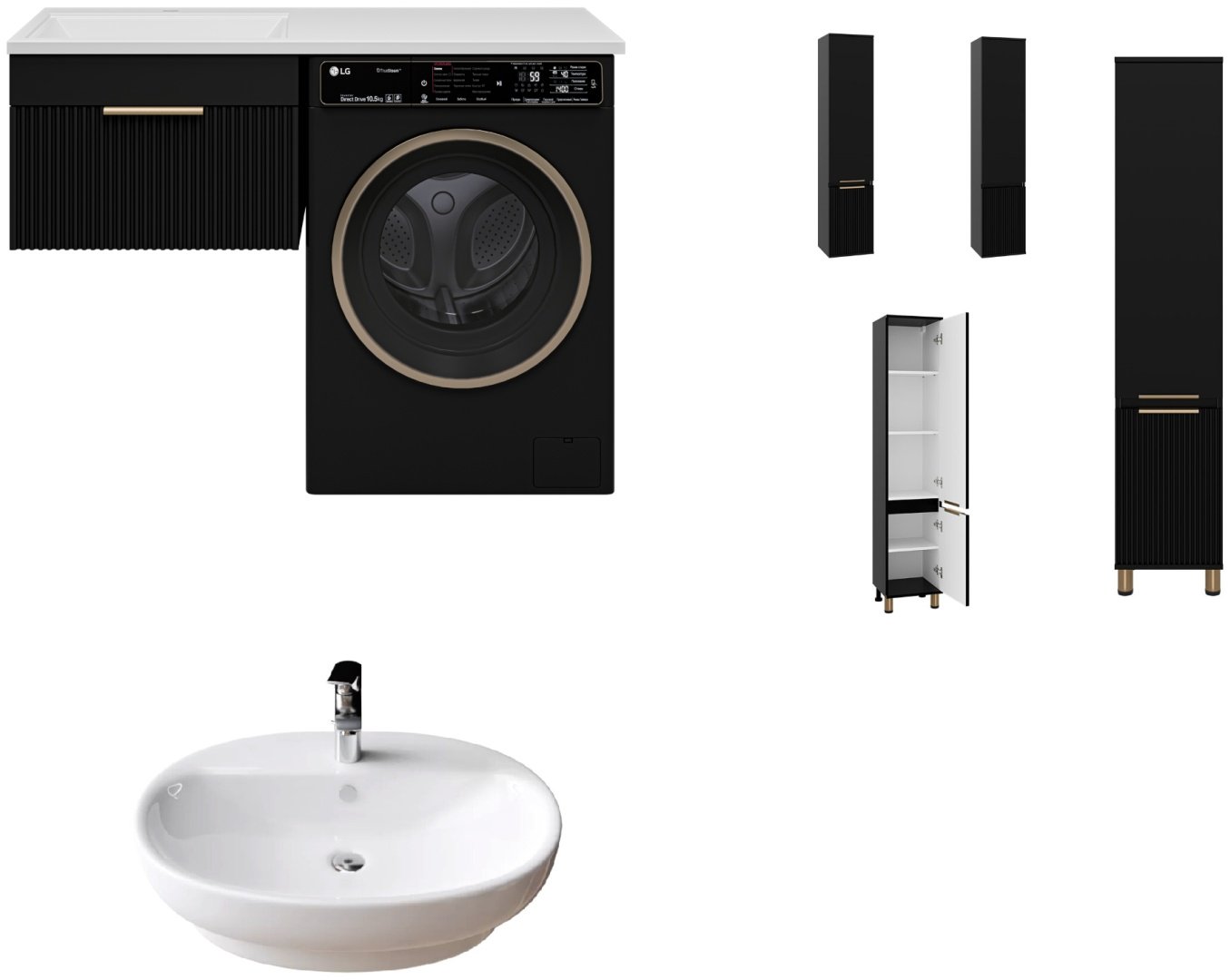 Комплект для ванной Brevita Enfida (шкаф-пенал, тумба под раковину, раковина) черный