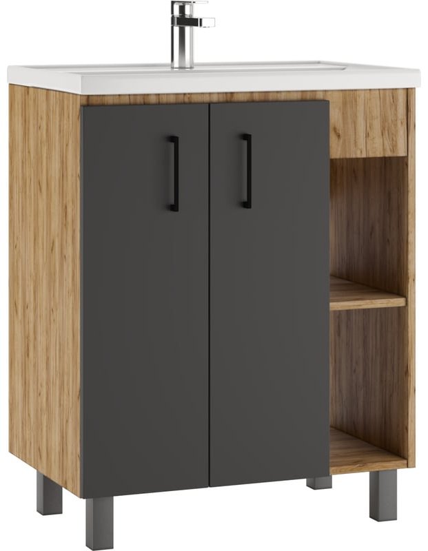 Комплект для ванной KABINKA.KZ Байтерек (шкаф-пенал, шкаф-навесной, тумба под раковину, раковина) коричневый, графит