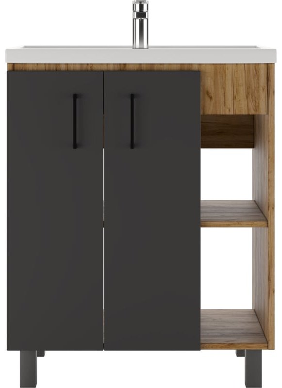 Комплект для ванной KABINKA.KZ Байтерек (шкаф-пенал, шкаф-навесной, тумба под раковину, раковина) коричневый, графит