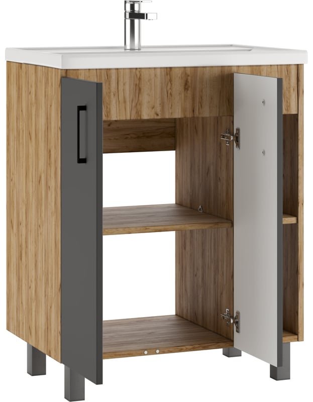 Комплект для ванной KABINKA.KZ Байтерек (шкаф-пенал, шкаф-навесной, тумба под раковину, раковина) коричневый, графит