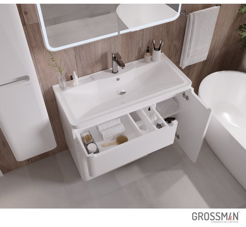 Комплект для ванной Grossman Адель 90 (тумба под раковину, зеркало, раковина) белый
