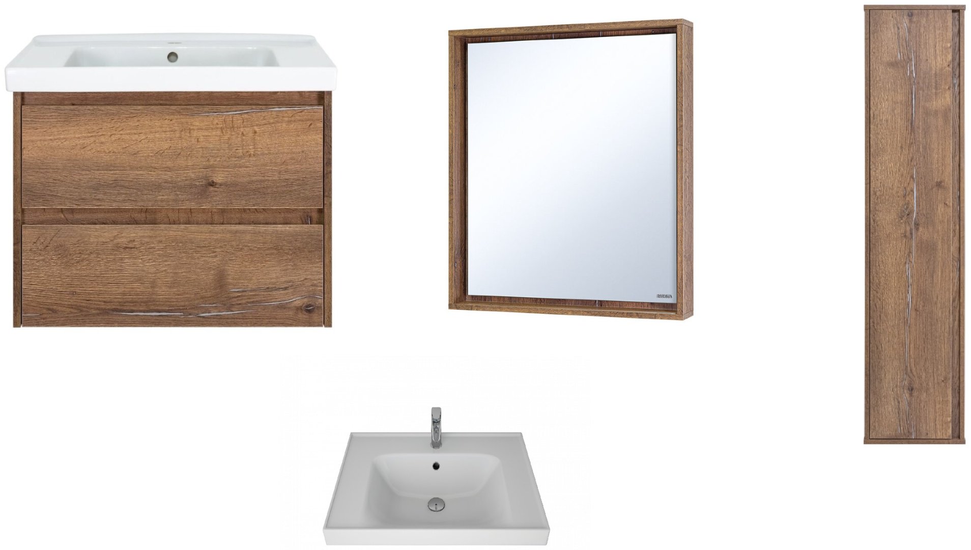 Комплект для ванной Brevita Dallas (шкаф-пенал, тумба под раковину, зеркало, раковина) коричневый