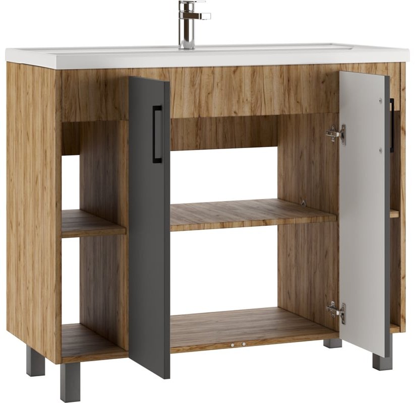 Комплект для ванной KABINKA.KZ Байтерек (тумба под раковину, зеркало, раковина) коричневый, графит