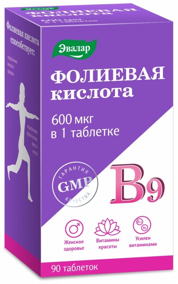 Эвалар ЗАО Фолиевая кислота 600 мкг В9 таблетки 90 шт купить,NaN