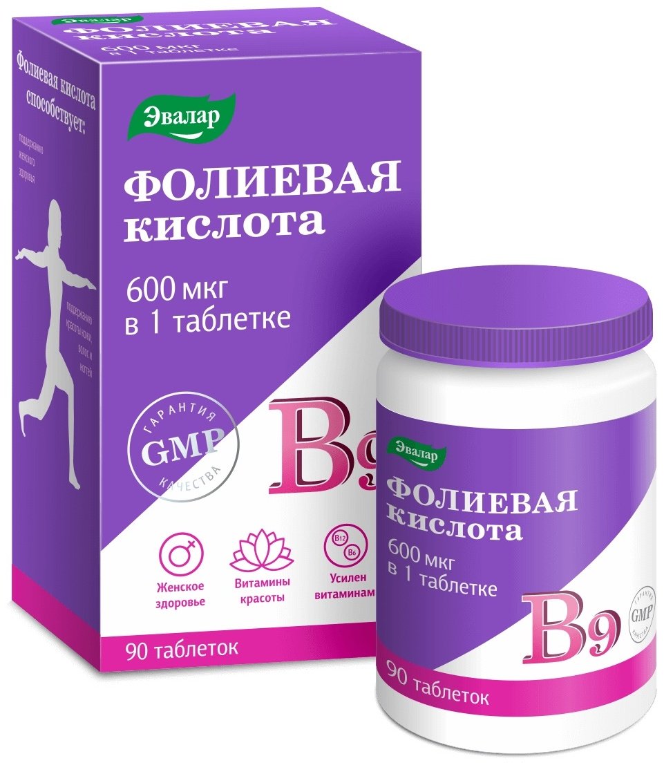 Эвалар ЗАО Фолиевая кислота 600 мкг В9 таблетки 90 шт купить,NaN