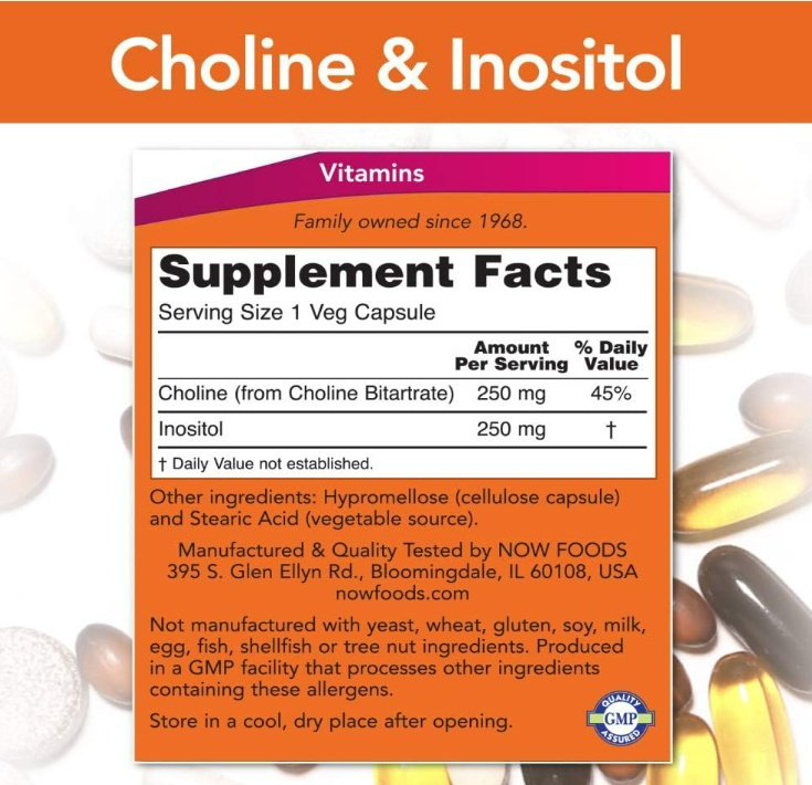 NOW Choline &amp; Inositol, Холин+Инозитол капсулы 100 шт купить,NaN