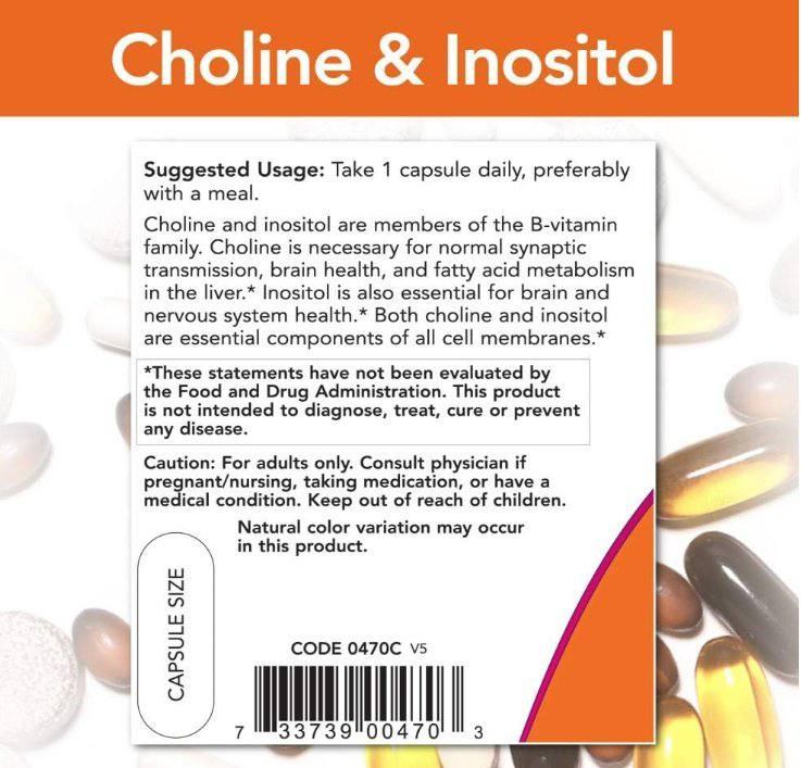 NOW Choline &amp; Inositol, Холин+Инозитол капсулы 100 шт купить,NaN