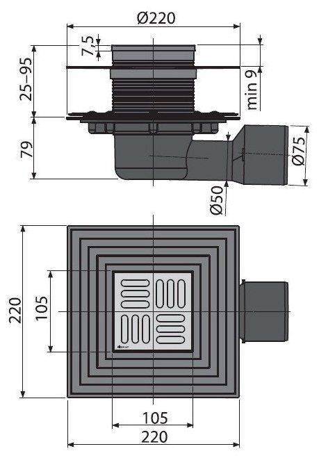Alcaplast трап APV3344 (220х220 см)