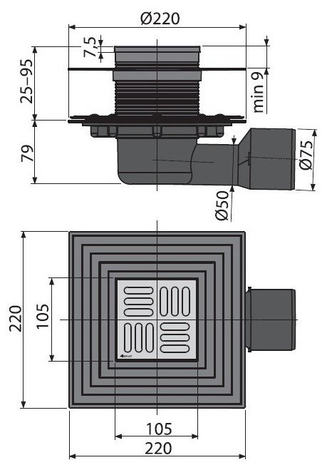 Alcaplast трап APV3344 (220х220 см)