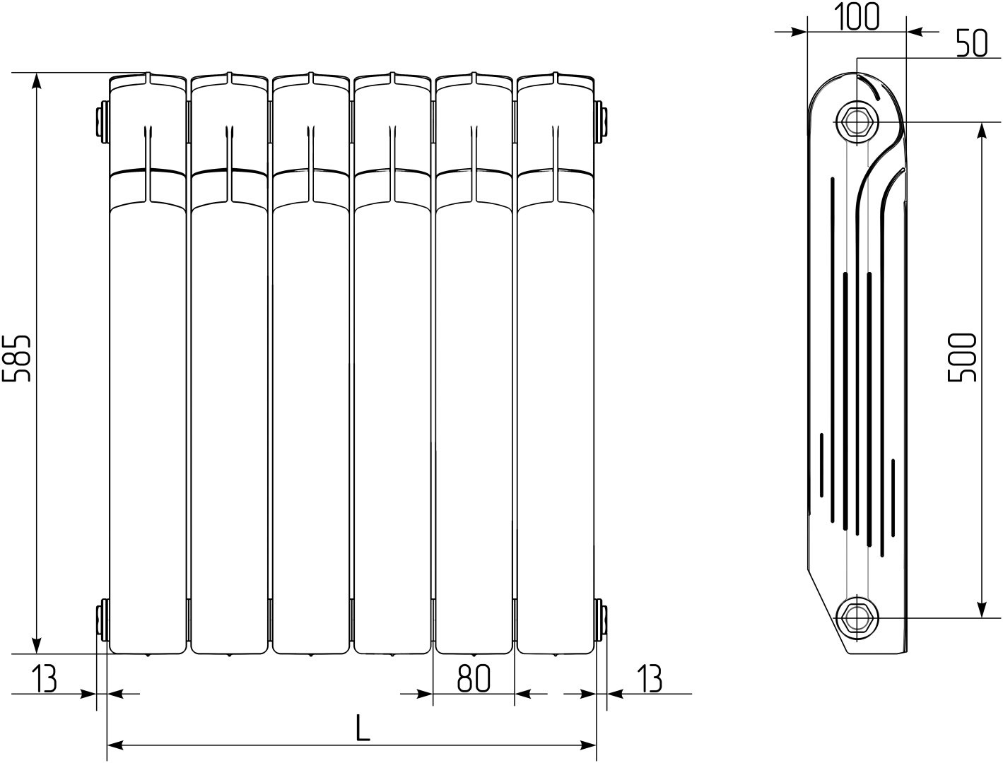 Радиатор Royal Thermo секционный Indigo 500 присоединительный набор-1/2 алюминиевый, кол-во секций: 6