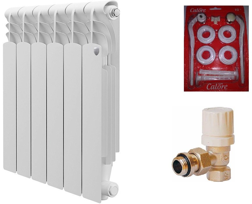 Радиатор Royal Thermo секционный Revolution 500 присоединительный набор 1/2 алюминиевый, кол-во секций: 6