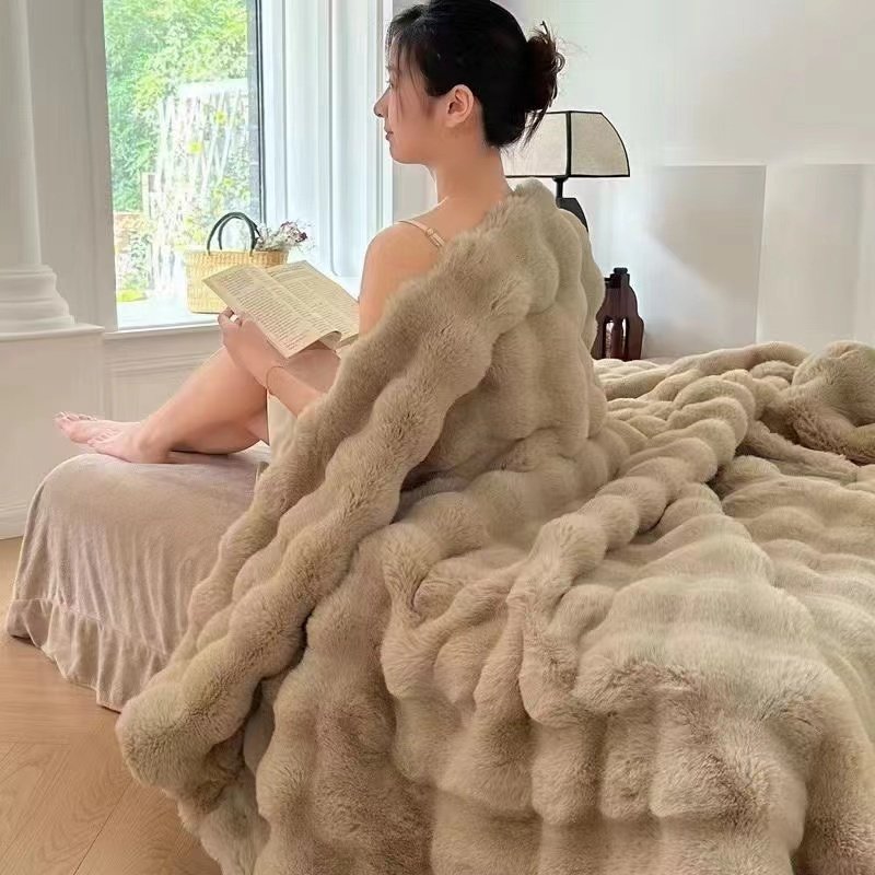 Плед 200х230 см, кашемир, искусственный мех, плюш, белый, бежевый, золотистый