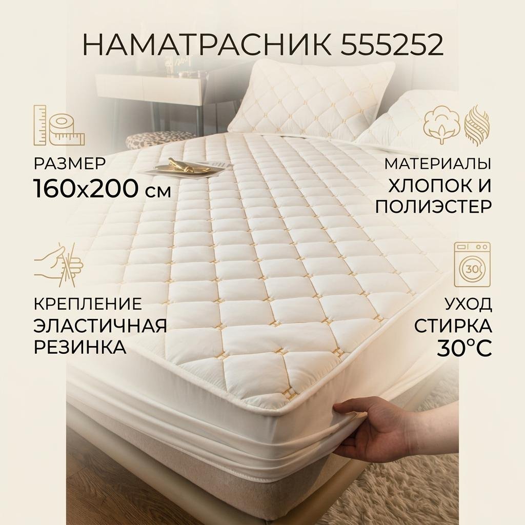 Наматрасник без застежки, на резинке 555252 160x200 см, полиэстер, хлопок