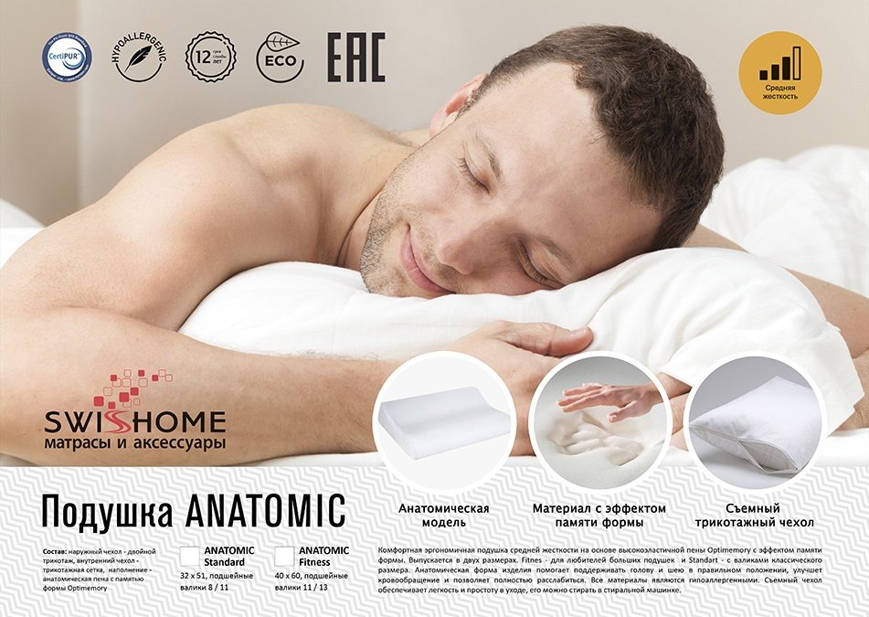 Ортопедическая подушка Swisshome 40x60 см, пена с эффектом памяти