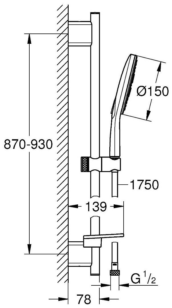 Grohe штанга для душа 930х78 мм RanShower Smartactive Cube 26594000, металл, пластик