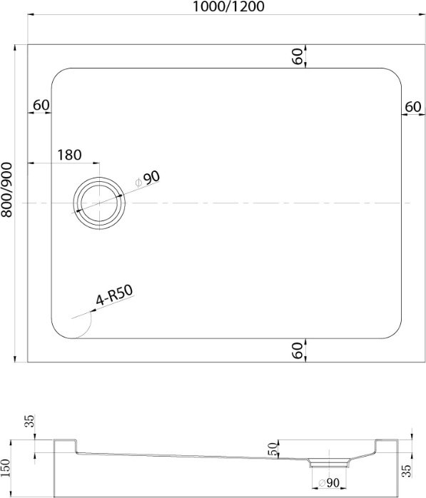 Душевой поддон KABINKA.KZ TZ54GR-10090-C5 100x90 низкий