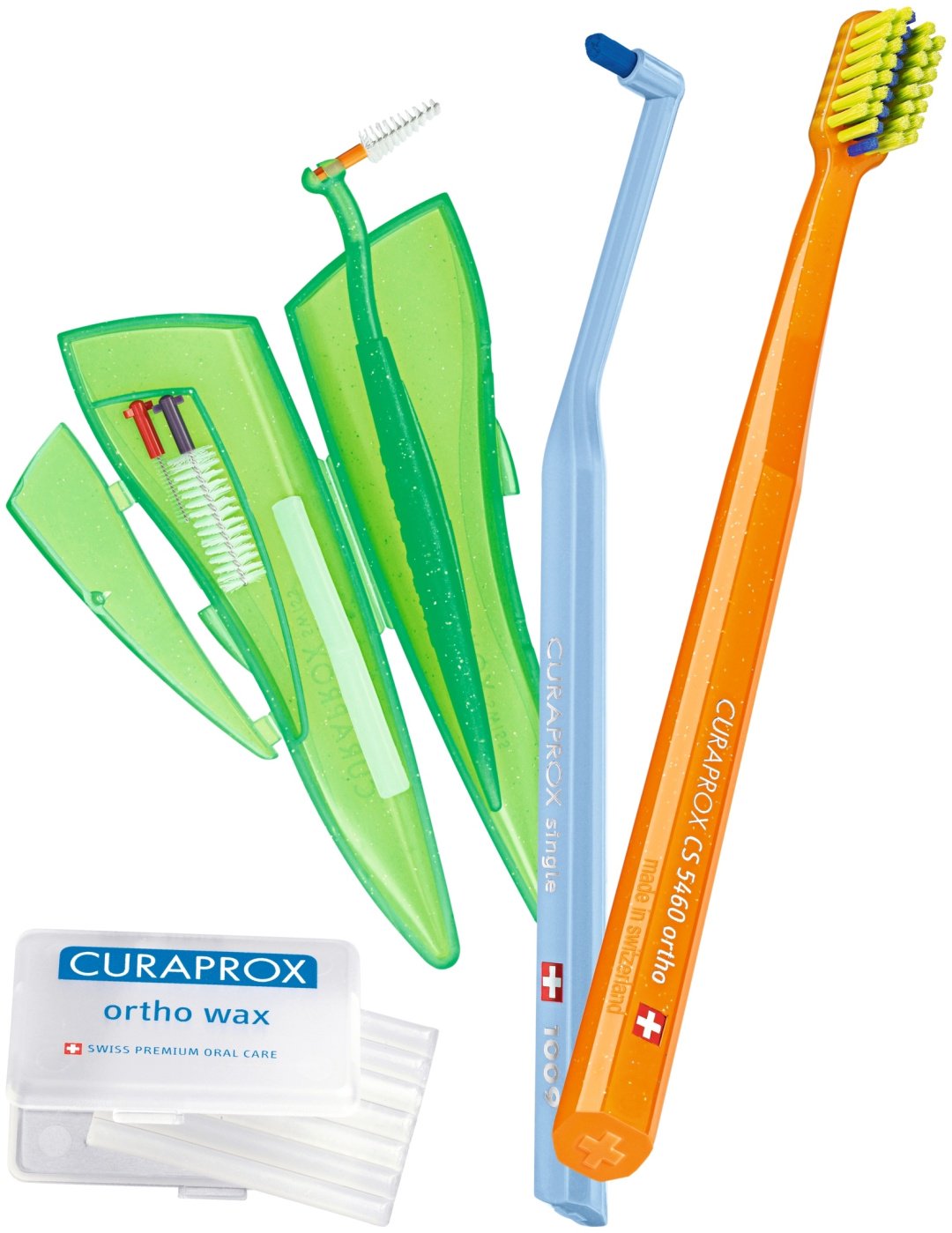 CURAPROX Набор орто щеток и воск &#34;Ortho Kit in bag&#34; ортодонтический в косметичке набор по уходу за полостью рта средняя 5 шт
