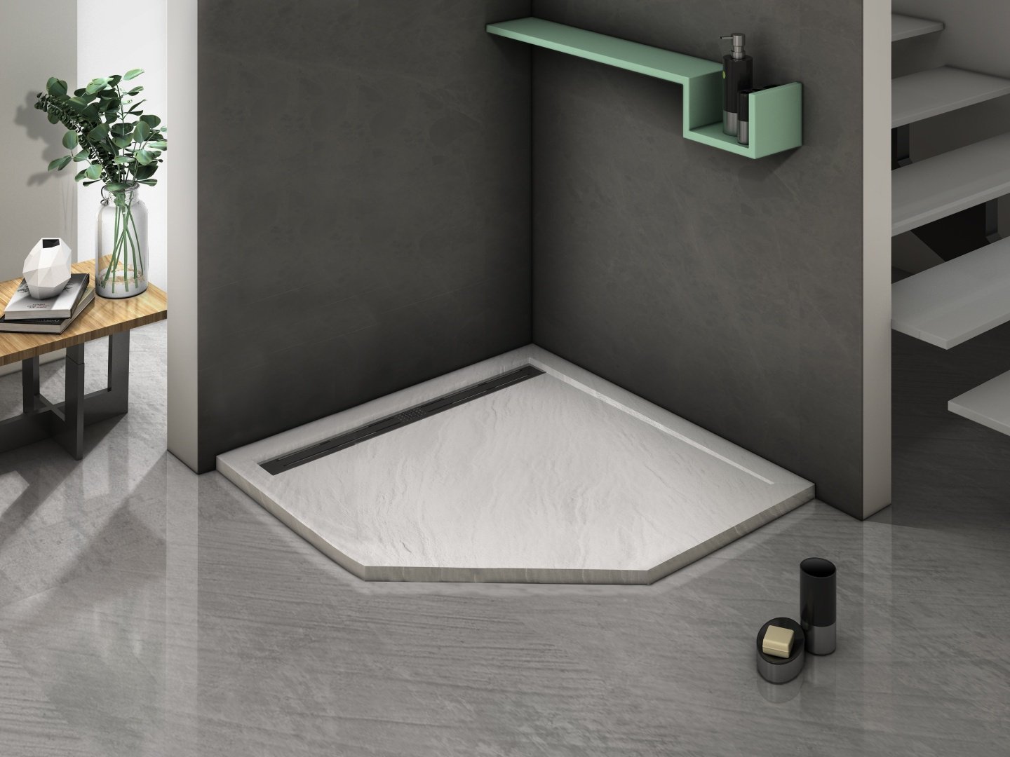 Душевой поддон KABINKA.KZ TRP 90 STONE-WT 90x90 низкий (пятиуг., искусст.мрамор, белый)